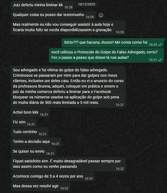 Print de conversa: advogado conta que o juiz deferiu a liminar após usar o Protocolo