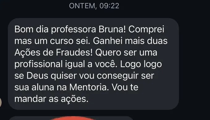 Print de aluna que ganhou duas novas ações de fraude